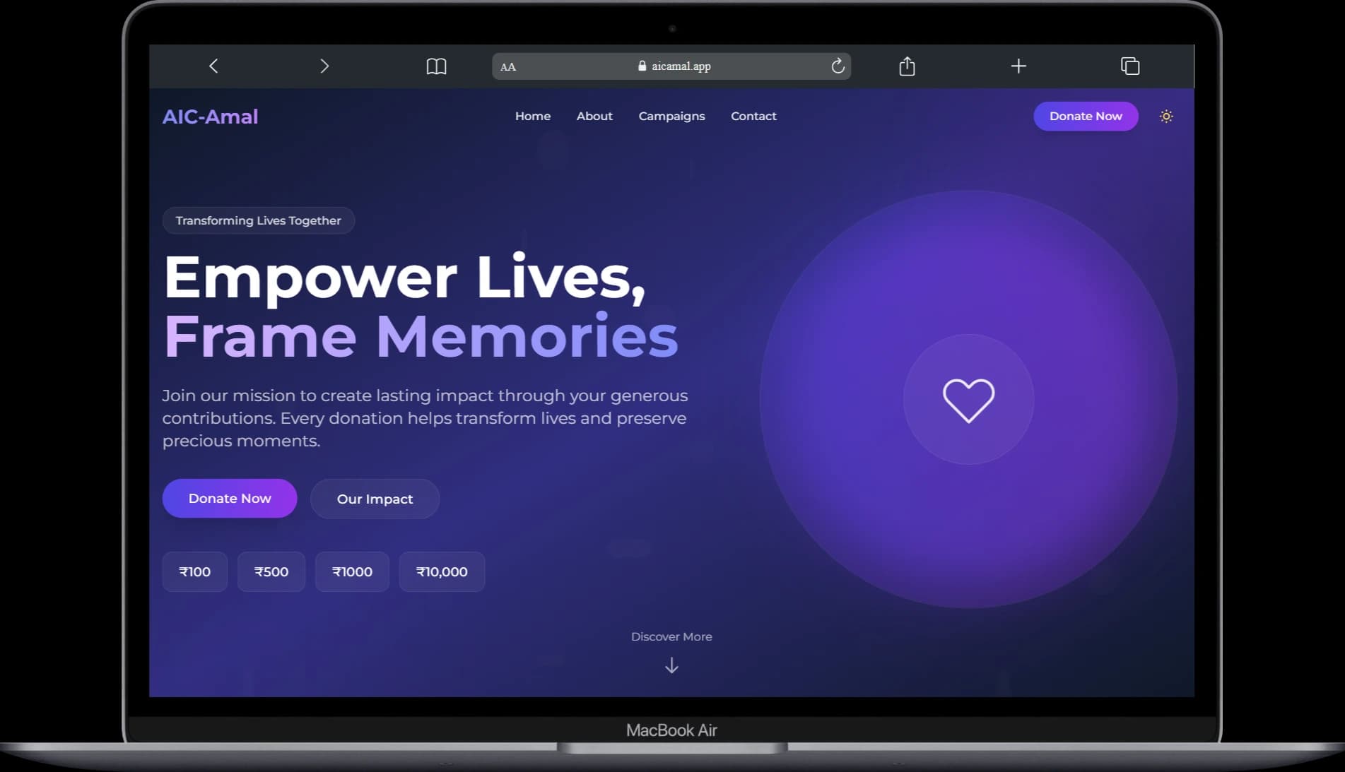 AIC Amal Donation Platform - MacBook Air Mockup showing the app interface